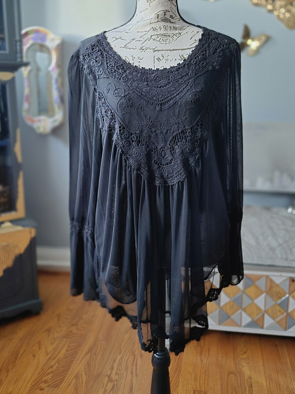 Ultra Pink Boho Whimsigoth Black Lace-Inset Sheer Tunic Large